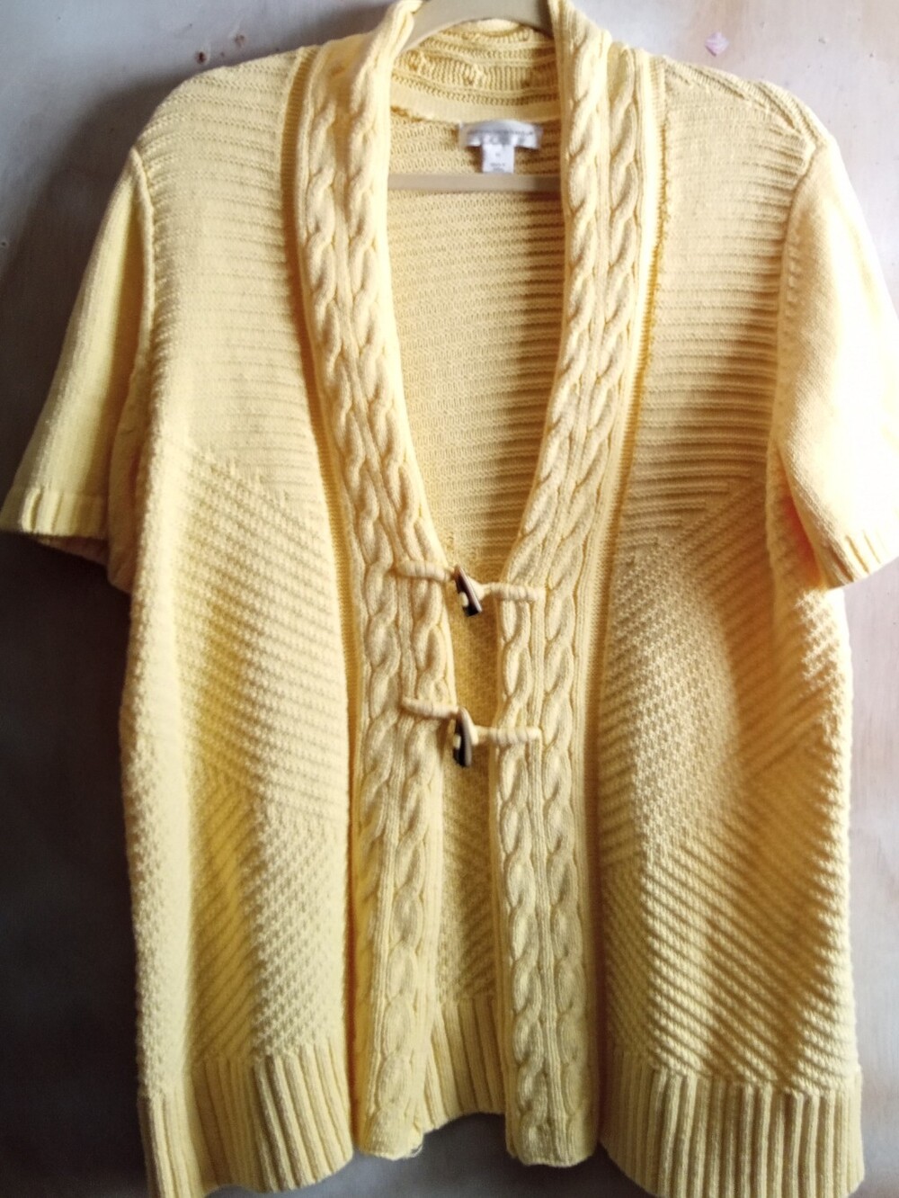 Christopher & Banks Short-Sleeve Cable-Trim Toggle  Closure Yellow Cardigan